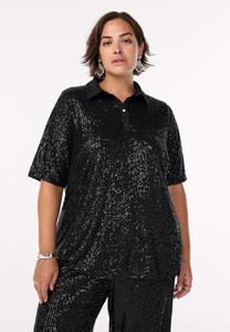 Блуза Zizzi PAILLETTEN MIT POLOKRAGEN UND KURZEN ÄRMELN, Black