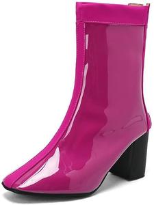 Женские ботильоны TNXZ из лакированной кожи, ярко-розовые, с квадратным носком, массивным каблуком, средней высоты, на молнии, короткие, размер US 3-US 17