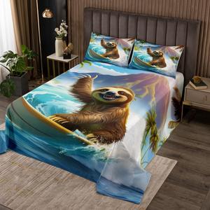 Erosebridal Комплект постельного белья Surf Sloth Queen с принтом серфинга и ленивцами в морском стиле, Brown and Blue