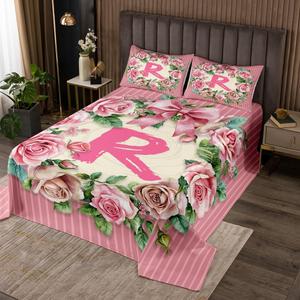 Erosebridal Комплект постельного белья King Size с цветочным принтом и розовыми бантами, романтичный стеганый, Multi 18