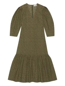 Миди-платье с цветочным принтом и рукавами-фонариками Ganni, зеленый