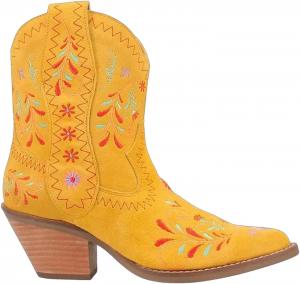 Женские ковбойские сапоги в западном стиле из искусственной замши с изогнутым носком, этнической цветочной вышивкой, массивным высоким каблуком, винтажные Generic, Yellow