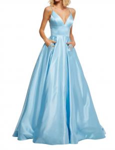 Платье выпускного вечера с глубоким V-образным вырезом и бантом из бисера светло-голубого цвета Sherri Hill