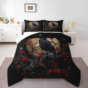Erosebridal Готический комплект постельного белья Gothic Crow с красными розами, бабочками и цветочным принтом в деревенском стиле, Black Red
