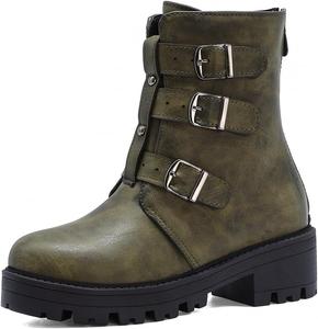 Женские ботильоны VOKLIN с пряжкой и ремешками, деловые, с круглым носком, молнией сзади, средний каблук, униформа, короткие вестерн-босоножки, Army Green-Velvet Lined