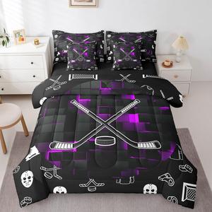 Erosebridal Комплект постельного белья Hockey Girls Queen для девочек с геометрическим принтом в фиолетово-черных тонах, Black Purple
