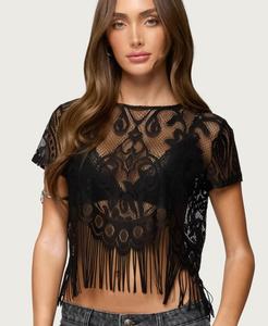 Женская прозрачная кружевная блузка Kira с бахромой Edikted, Black