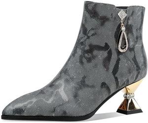Женские ботильоны TinaCus ручной работы из натуральной кожи разных цветов с rhinestones, с принтом, заостренным носком и каблуком средней высоты, Grey