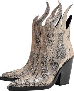 Женские блестящие ковбойские ботинки YIYA с узором в виде пламени, острым носком, массивным высоким каблуком, модной боковой молнией и сверкающими стразами, Gold