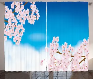 Штора в деревенском стиле ABAKUHAUS, сине-розовая, с нежным рисунком сакуры и неба, для спальни, присборенная, с петлями и крючками, 280 x 225 см, лазурно-голубой, нежно-небесно-голубой Abakuhaus