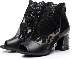 UPGENT Женская мода больших размеров Черные ботильоны с вышивкой, с открытым носком, на толстом каблуке, с молнией, туфли-сандалии, повседневная обувь для женщин