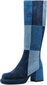 Женские сапоги-платформа Miss Left, до колена, закрытый круглый носок, средний массивный каблук, пэчворк, зимне-осенние, с боковой молнией, нарядные, повседневные, для вечеринок и прогулок, размеры 4-16 США, Denim Multi