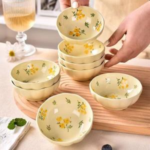 Ceramics Набор керамических мисок и тарелок с подглазурной росписью, 4 чаши для риса и тарелки с цветком лотоса, 10 см, комплект из 4 предметов