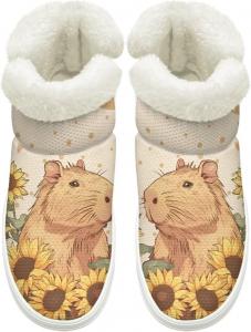 Зимние Ботинки на Легком Надевании для Женщин и Мужчин с Эластичной Липучкой у Щиколотки, Пушистые Снежные Ботинки с Меховой Подкладкой, Удобные, Нескользящая Подошва Cugasmaru, Capybara Sunflower