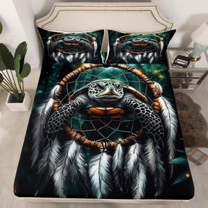 Erosebridal Фиттед простыня Tortoise Dream Catchers, богемный стиль с перьями и морскими животными, Green Brown Grey