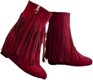 Женские замшевые сапоги с бахромой на скрытой танкетке, средней высоты до середины голени, с классическими кисточками, боковой молнией, вестерн-стиле, удобные, с противоскользящей подошвой, на широкую икру, плоские зимние сапоги DEVILEYEZE, Red