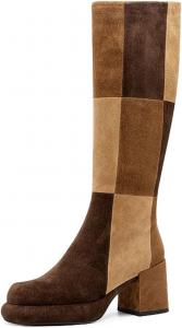 Женские сапоги-платформа Miss Left, до колена, закрытый круглый носок, средний массивный каблук, пэчворк, зимне-осенние, с боковой молнией, нарядные, повседневные, для вечеринок и прогулок, размеры 4-16 США, Caramel Multi