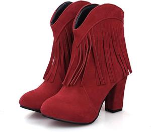 Женские слипоны Yuizko из замши с кисточками, массивные каблуки, ковбойские ботильоны, повседневная мода, V-образный вырез, круглый носок, бахрома, западные ботильоны, ретро бохо платьевые ботинки, Red