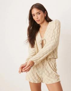 Топ ASOS DESIGN с рукавами-фонариками и завязкой из кремового цветочного кружева