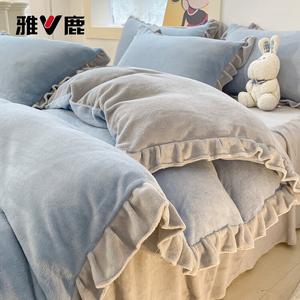 Yalu Комплект постельного белья 4 предмета, 200x220 см, простыня, пододеяльник 220x240 см, состав: молочный флис, цвет: синий с серым, с рюшами