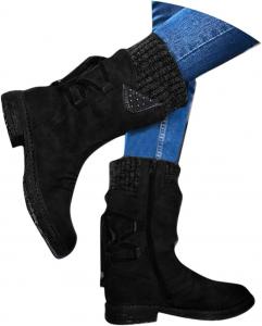 Женские сапоги до середины голени, кружевные ботильоны на шнуровке, модные повседневные с круглым носком, массивным низким каблуком, противоскользящие, зимние винтажные сапожки для езды и повседневной носки на улице Generic, Black