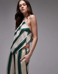 Атласный топ Topshop Coord бежевого цвета с бордовыми и бирюзовыми полосками