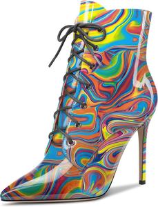 Женские ботильоны Aachcol с коротким голенищем, заостренным носком, стойкой на шпильке средней высоты, лакированные, с молнией и шнуровкой, сексуальные, каблук 4 дюйма, Multicolor N