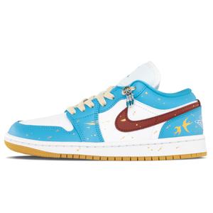 Jordan Кроссовки баскетбольные Air 1 низкие Unisex Blue Gold с амортизацией, устойчивые к истиранию, дышащие, винтажные