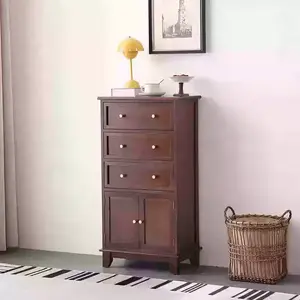 Yu Senyi Комод 50х32х97 см для гостиной из массива дерева, 5 ящиков, с дверцами, американский стиль, цвет deep walnut