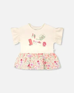 Туника из органического хлопка, двухслойная, бежевого цвета с цветочным принтом Deux Par Deux