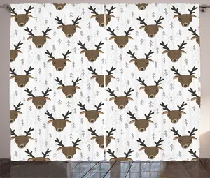 Штора ABAKUHAUS Деревенский пейзаж, головы оленей и рождественская елка, универсальная ленточная штора для гостиной с петлями и крючками, 280 x 225 см, цвет: белый, сепия, темно-серый Abakuhaus