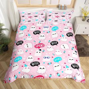 Erosebridal Комплект постельного белья Happy Halloween King Kids с розовым принтом привидений и сердечек, Pink Blue Black