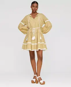 Женское мини-платье в стиле прерии с разрезом на горловине и принтом "лимон" из хлопка Avec Les Filles, зеленый