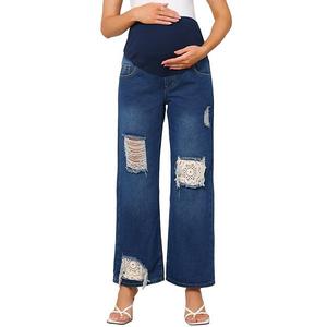 Женские джинсы для беременных с потертостями, кружевными аппликациями и поддержкой живота Inspire Chic, Dark Blue