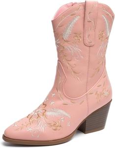 Женские ковбойские сапоги ANJOUFEMME Western, вышитые сапоги средней длины с круглым носком, Pink