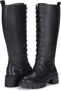 Женские сапоги Vepose 953 до колена с высокой платформой и широким каблуком, шнуровка, готические панк-сапоги для платьев и джинсов, Leather-Black Pu