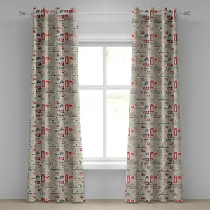 Штора на люверсах ABAKUHAUS "Чаепитие", фон с изображением лондонской газеты и надписью "Поцелуй", декоративная, двухпанельная, 280 см x 175 см, цвет бежевый, темно-синий, красный Abakuhaus