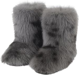 Женские зимние ботинки с искусственным мехом, теплые пушистые ботинки средней длины, мягкие ботинки с меховой подкладкой и плоской подошвой, удобные уличные замшевые меховые ботинки Generic, Grey-Black