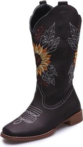 Женские ковбойские сапоги Ladmiple с вышивкой подсолнухов, средний голень, западный стиль, сапоги до колена с заостренным носком, Brown