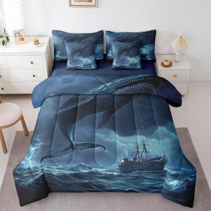 Erosebridal Морской комплект постельного белья для мальчиков с принтом парусников и китов в винтажном стиле, Navy
