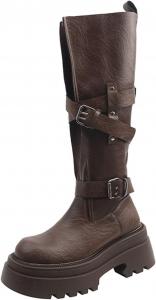 Женские ковбойские сапоги: модные байкерские сапоги до колена с круглым носком, платформой и массивным каблуком, обувь ковбойского стиля для осени и зимы Generic, Brown