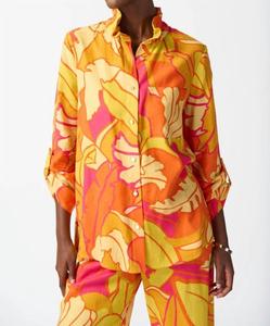 Блузка-трапеция из льняной смеси с цветочным принтом в оранжевом/розовом/мульти цветах Joseph Ribkoff