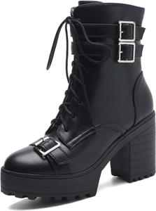 FOREADA Готические ботильоны на массивном каблуке для женщин, короткие боевые ботинки, черные платформенные ботильоны с пряжками и заклепками, панк-готическая обувь на молнии
