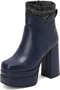 Женские ботильоны на высоком каблуке Alsoloveu с платформой, квадратным носком и массивным каблуком, с шерстяной подкладкой для вечеринок, зимние ботиночки с боковой молнией, Blue