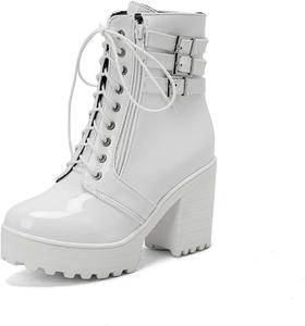 Женские ботильоны с пряжкой на щиколотке, модные, из лакированной кожи, с массивным каблуком, подошвой с протектором, ботинки в стиле милитари, на шнуровке, с платформой JMdfcqer, White