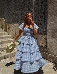 Платье мидакси Labelrail x Rebecca Olivia в клетку гингем, многоярусное, светло-голубого цвета