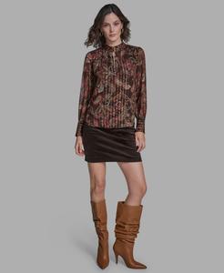 Женская блузка с длинными рукавами и вырезом-капелькой BCBG, Chocolate Plum/orchid Bloom Multi