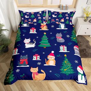 Erosebridal Комплект постельного белья Kawaii Little Cat с рождественской тематикой и милыми котятами в голубом цвете, Green Grey Red White Blue