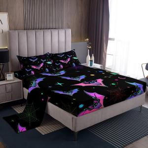 Erosebridal Комплект постельного белья Halloween Bats с блестками, луной, звездами и галактикой в готическом стиле, милый мультяшный акварельный дизайн летучих мышей, цвет морской волны, зеленый, фиолетовый, Multi 41