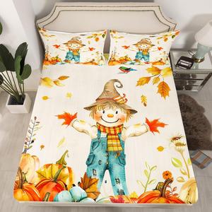 Erosebridal Комплект постельного белья Kids Fall Scarecrow с мультяшными пугалами и тыквами, праздничный дизайн для детей, Beige